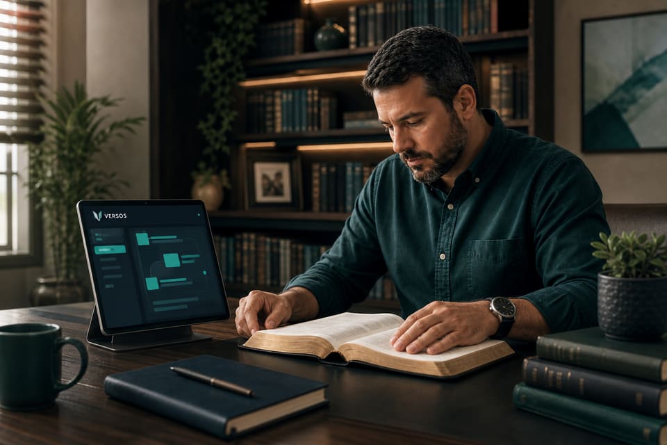 Pastor compreendendo o texto bíblico com o iPad Versos ao lado