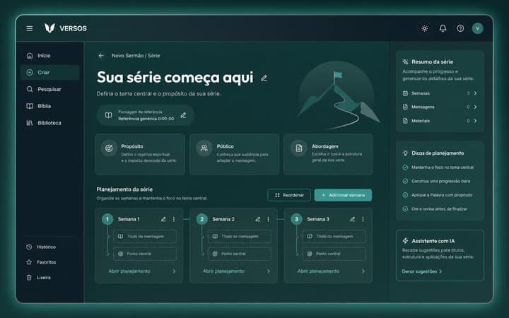 Mockup do VERSOS para planejar sermões e séries
